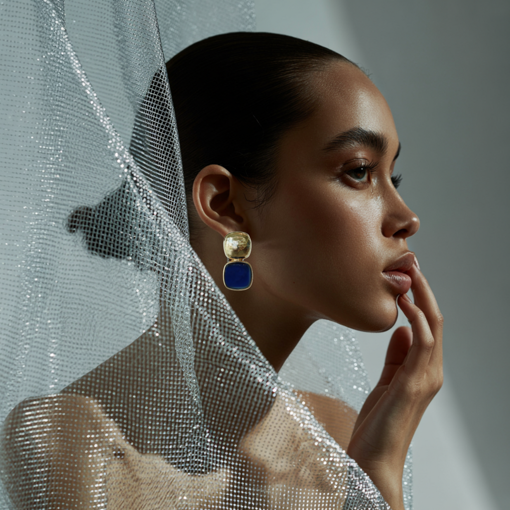 Gold Drop Stud Earrings With Navy Stone