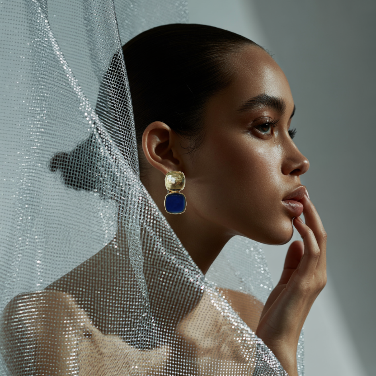 Gold Drop Stud Earrings With Navy Stone