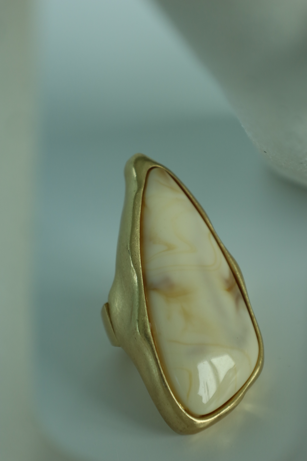 Rectangular Statement Ring With Beige Marble Stone, Adjustable