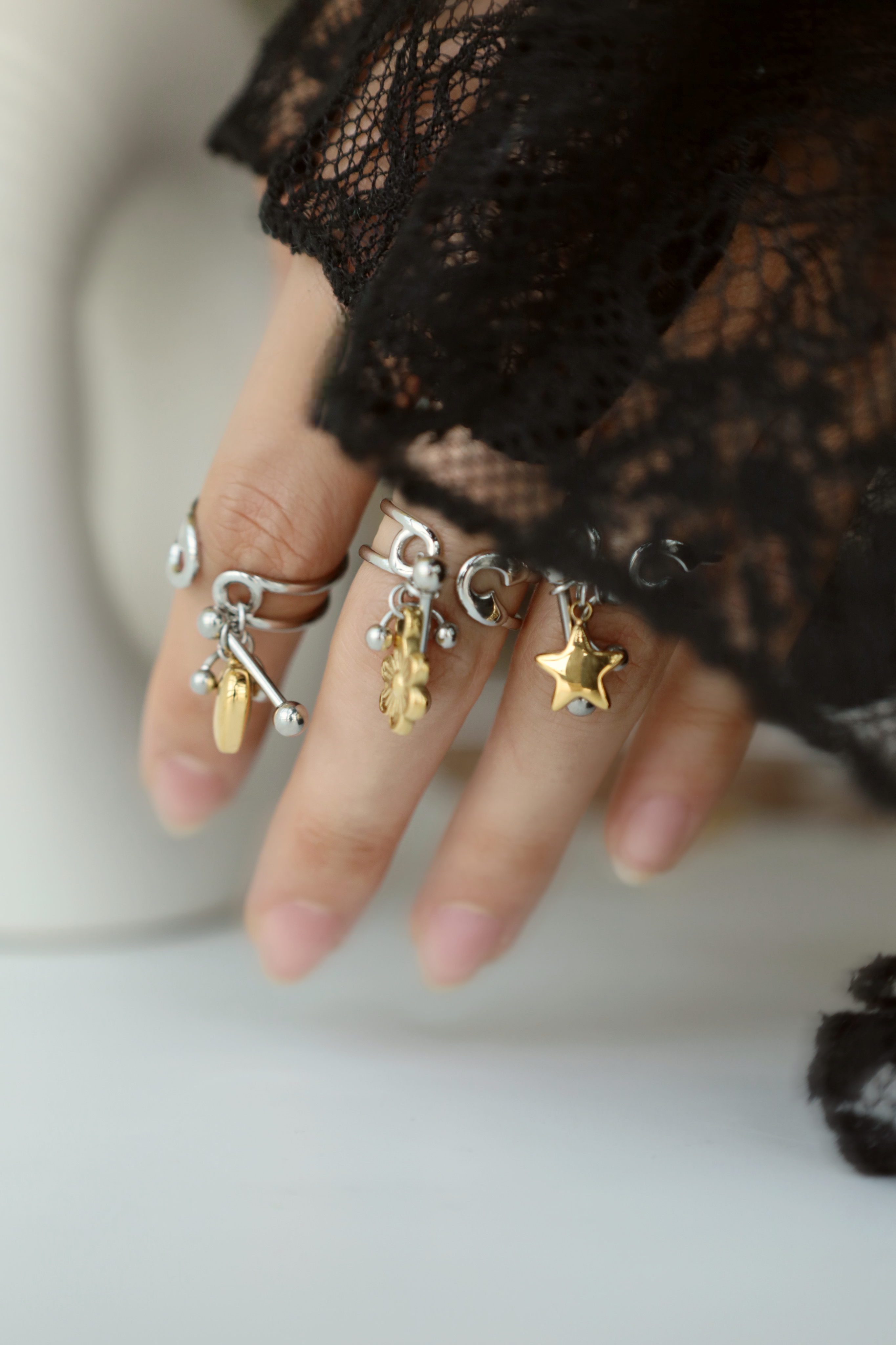 Heart Charm Open Ring ,Two Tone