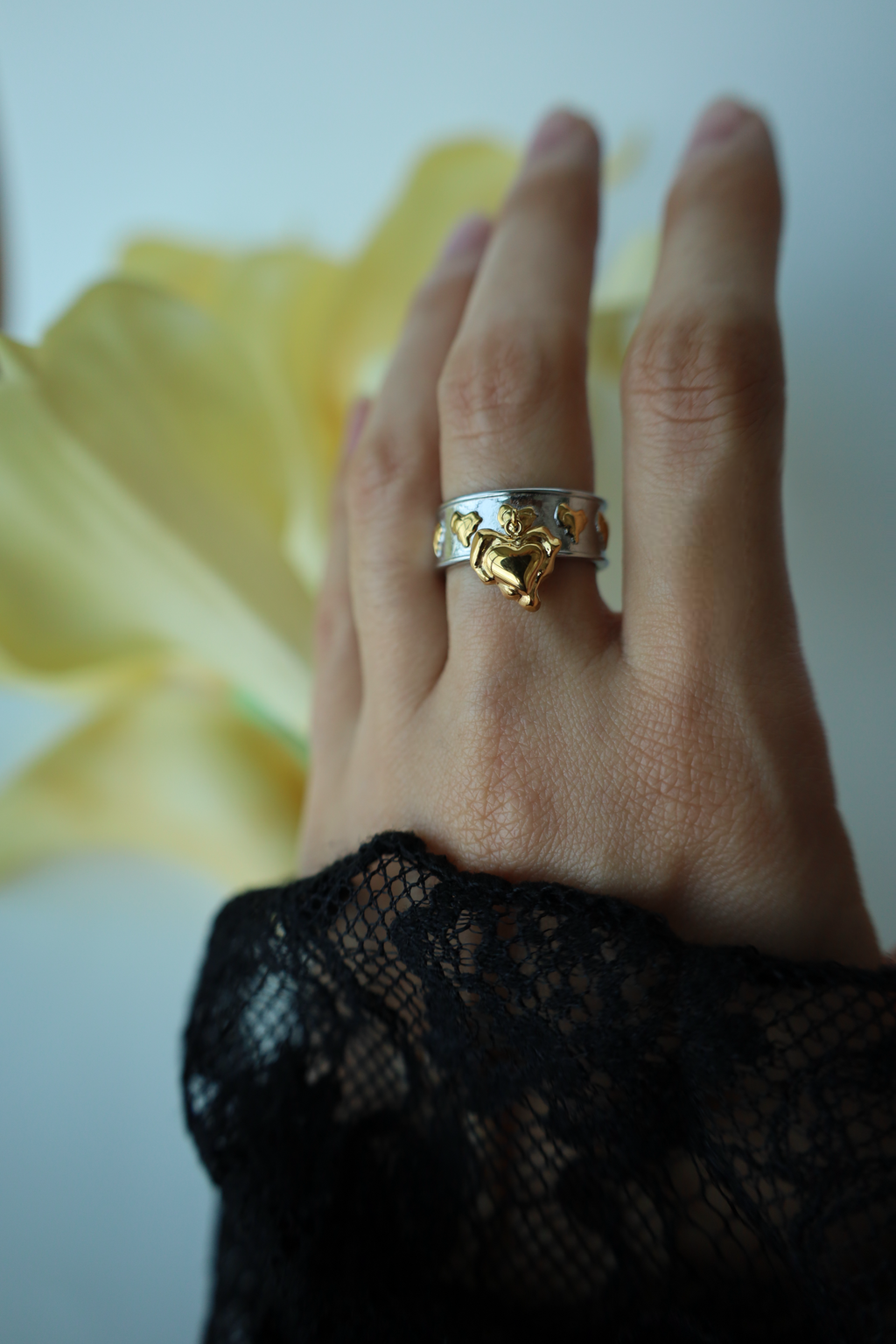 Multi Heart Charm Open Ring, Two Tone