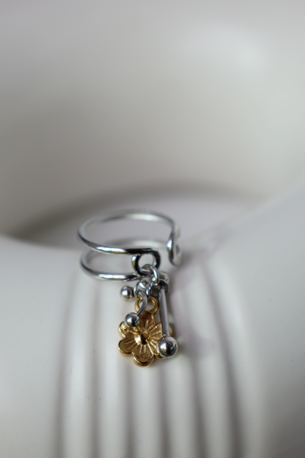 Flower Charm Open Ring ,Two Tone