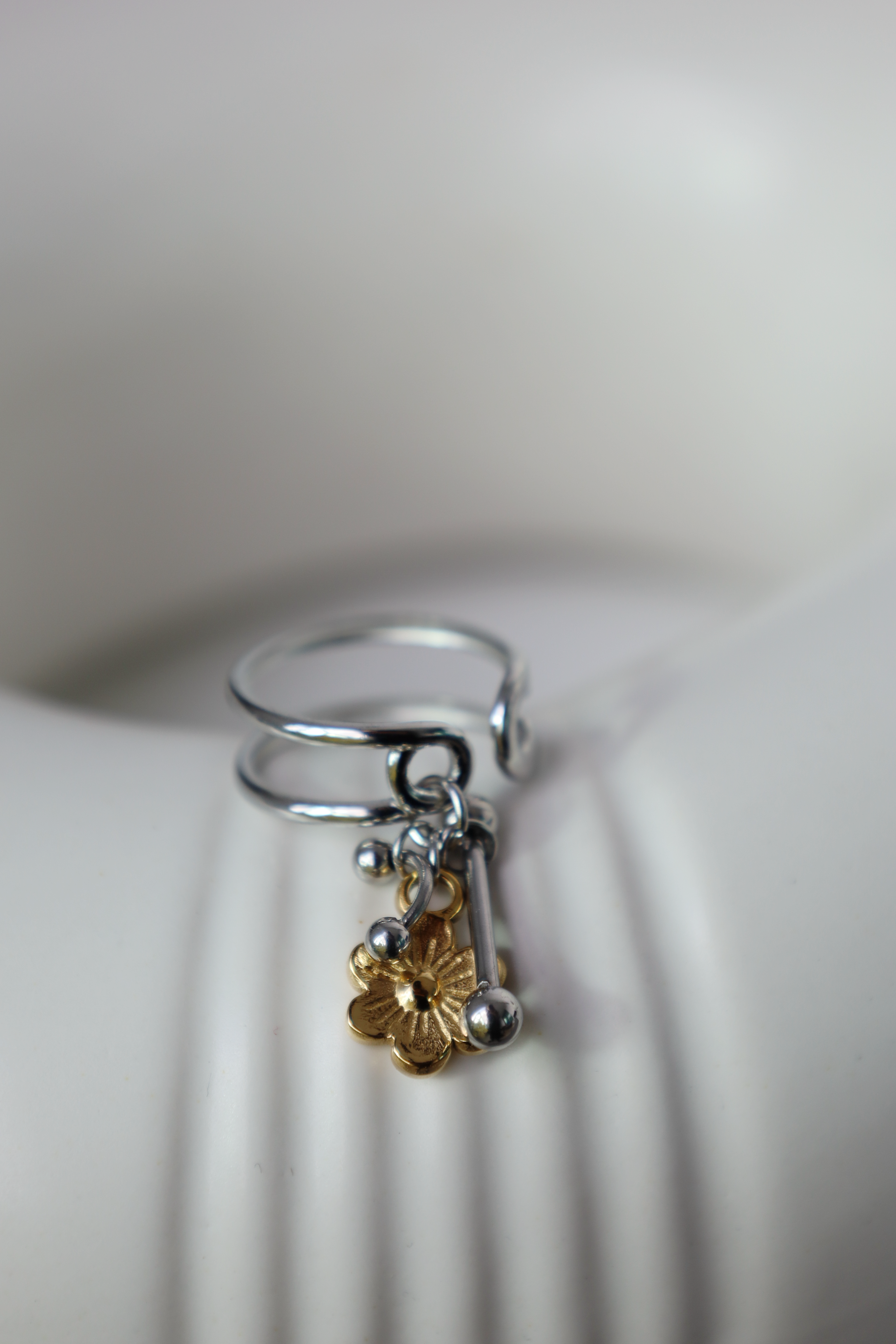 Flower Charm Open Ring ,Two Tone