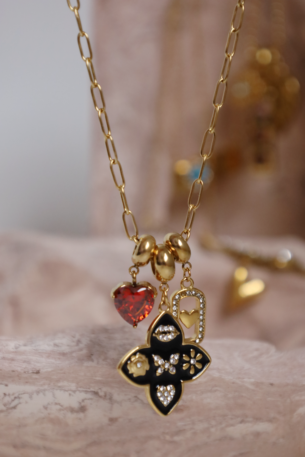 Multi Charm Heart Pendant Necklace