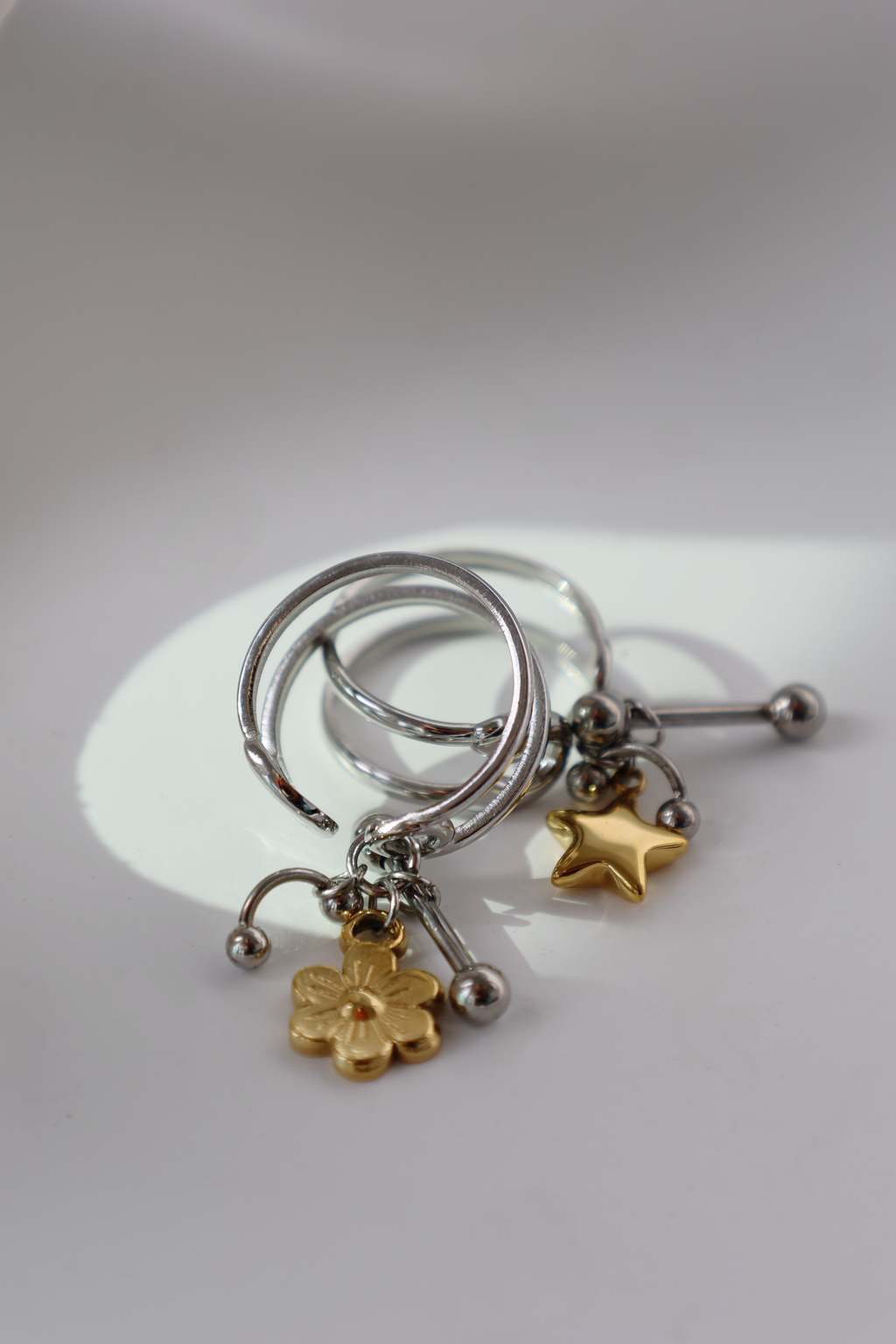Flower Charm Open Ring ,Two Tone