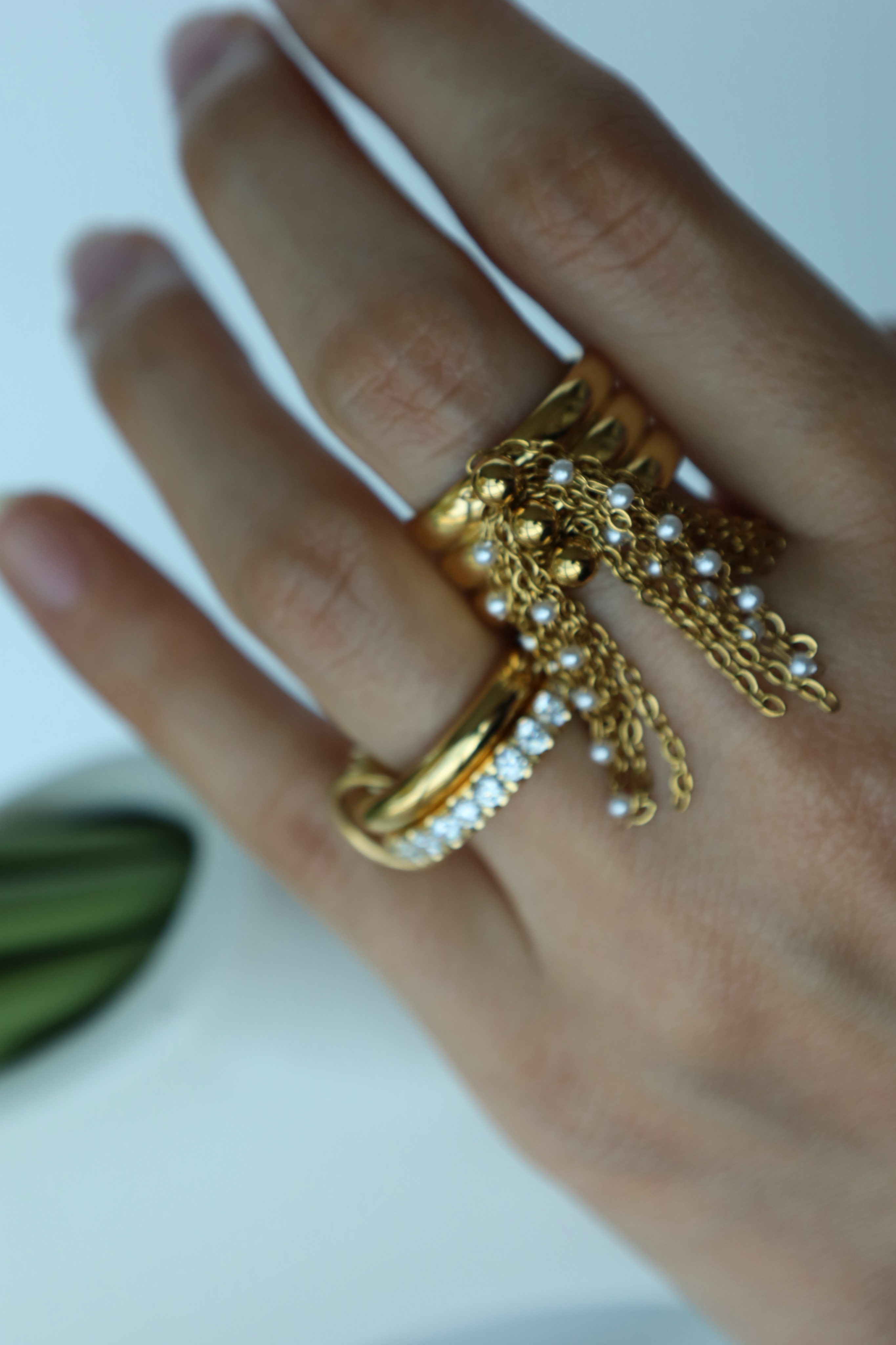 Triple Band Tassel Chain Ring with Pearl Accents