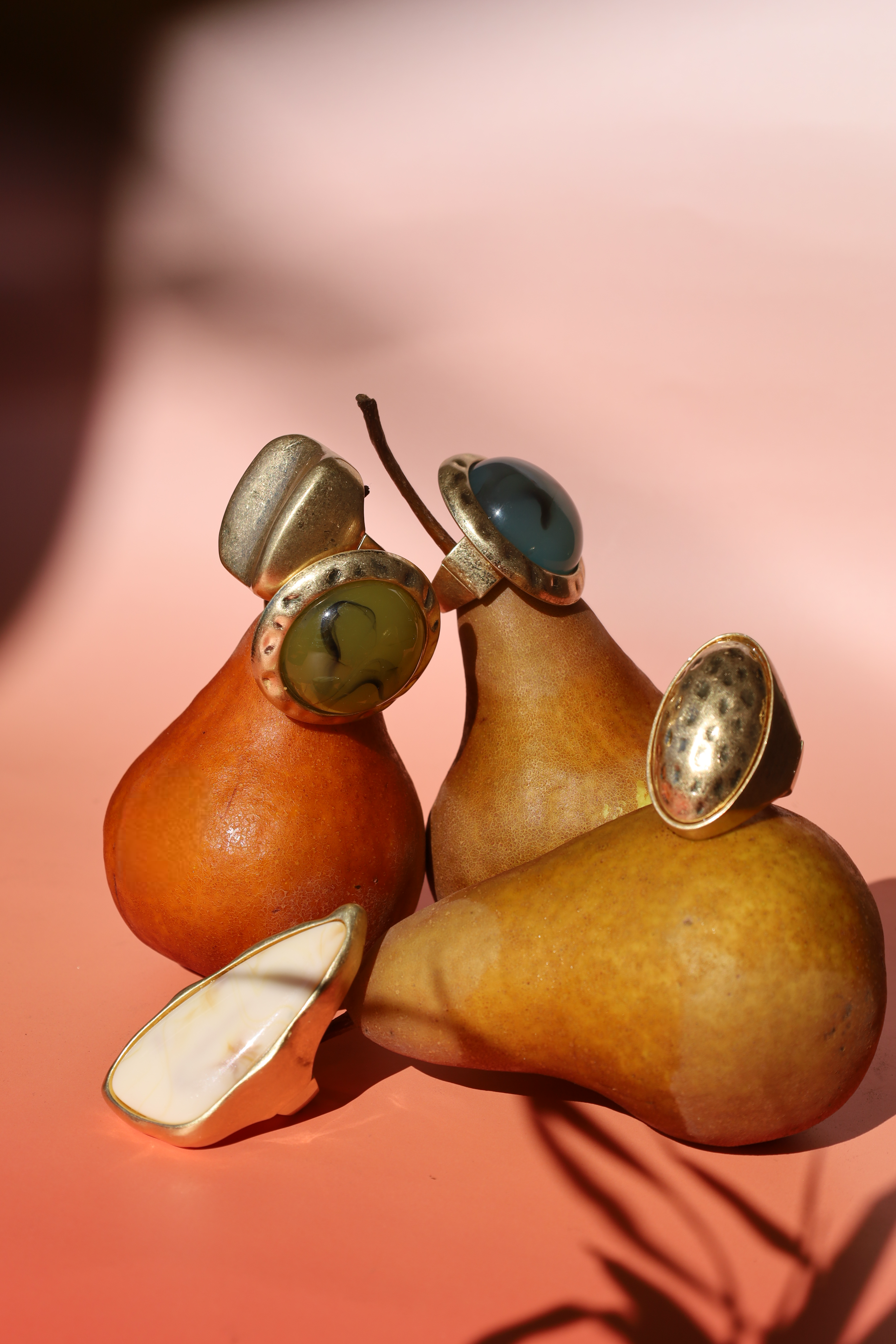 Rectangular Statement Ring With Beige Marble Stone, Adjustable