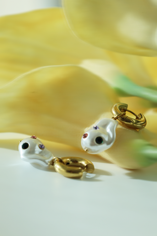 Abstract Pearl Drop Hoop Earrings