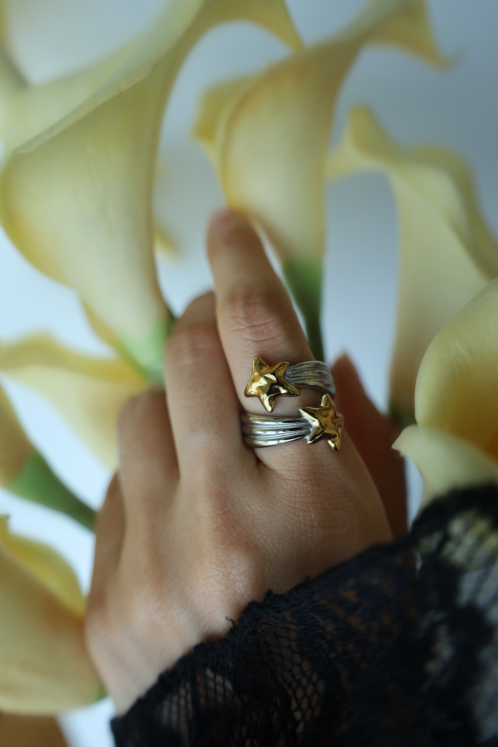 Double Star Open Ring, Two-Tone