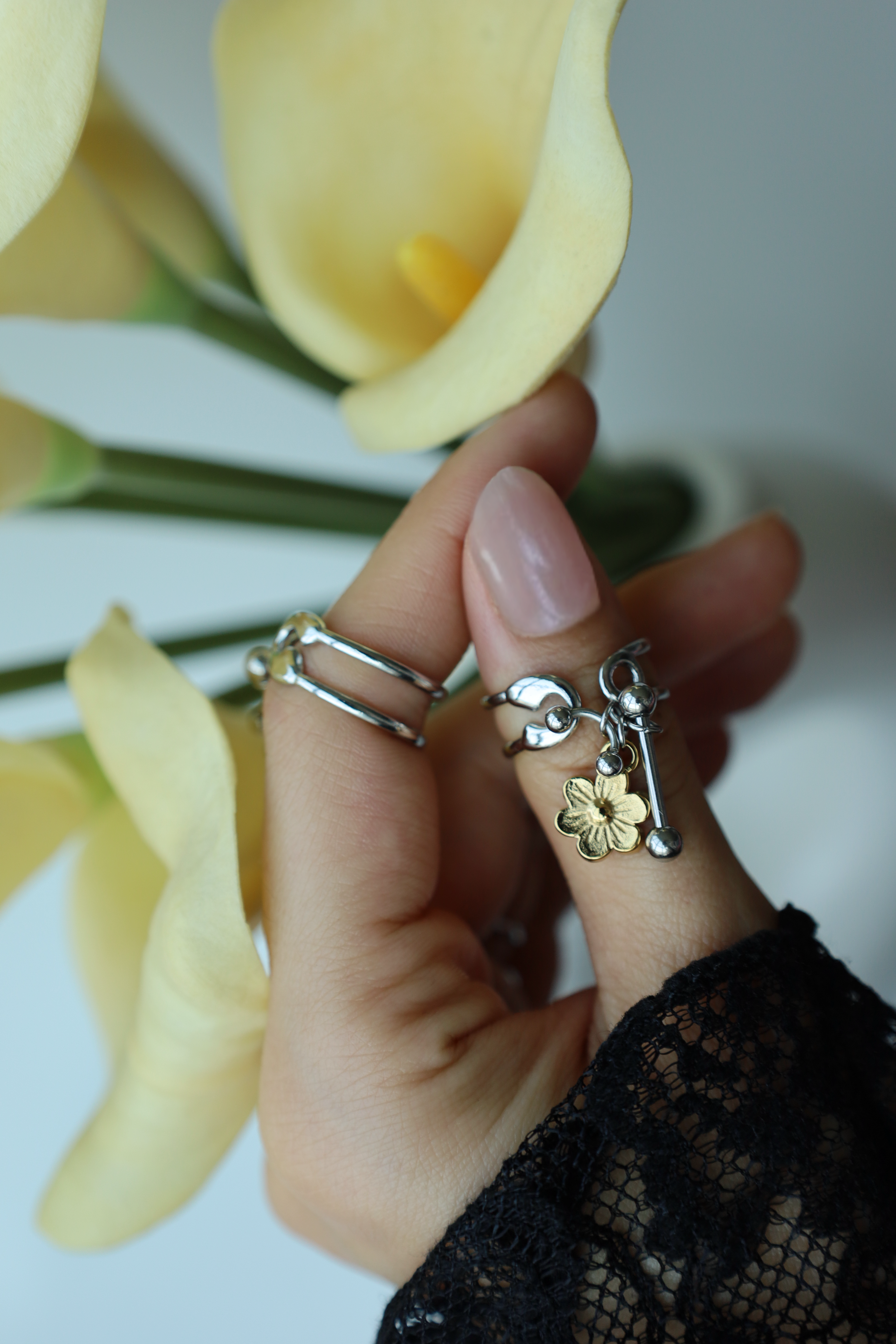 Flower Charm Open Ring ,Two Tone