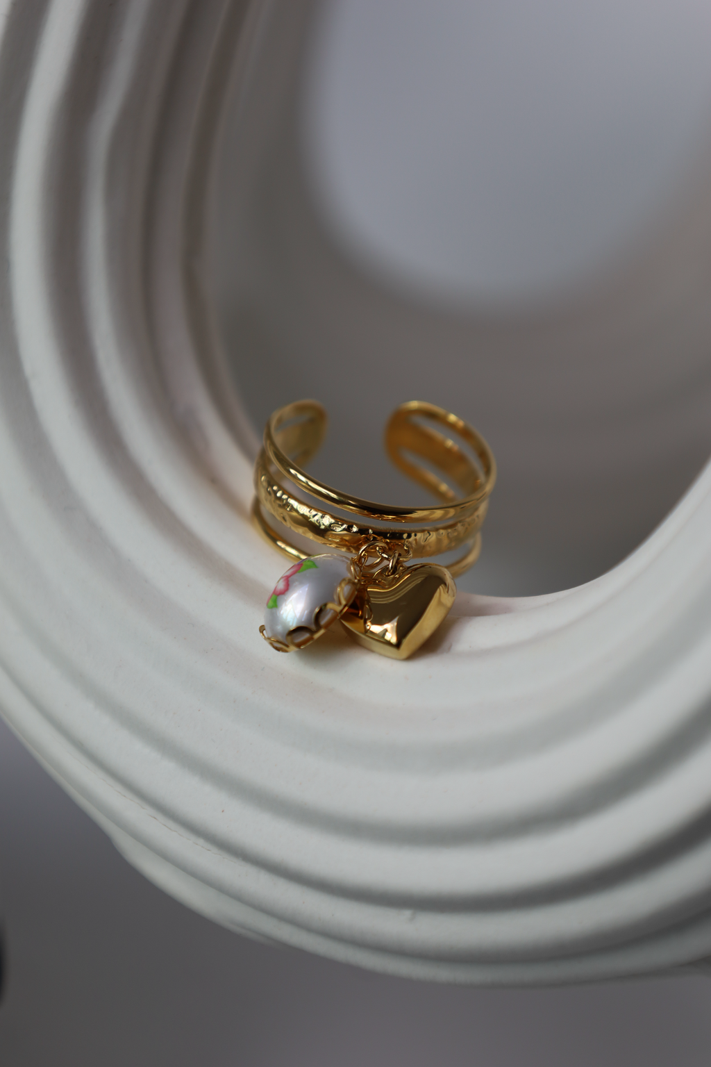 Heart & Pearl Charm Open Ring