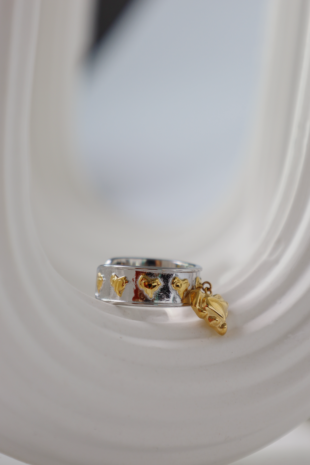 Multi Heart Charm Open Ring, Two Tone