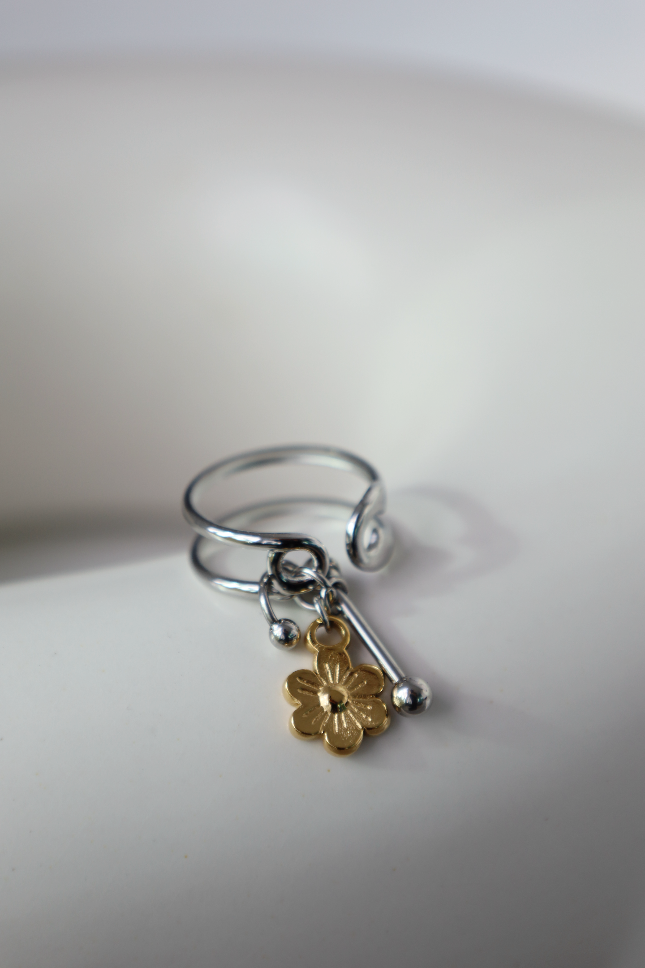 Flower Charm Open Ring ,Two Tone