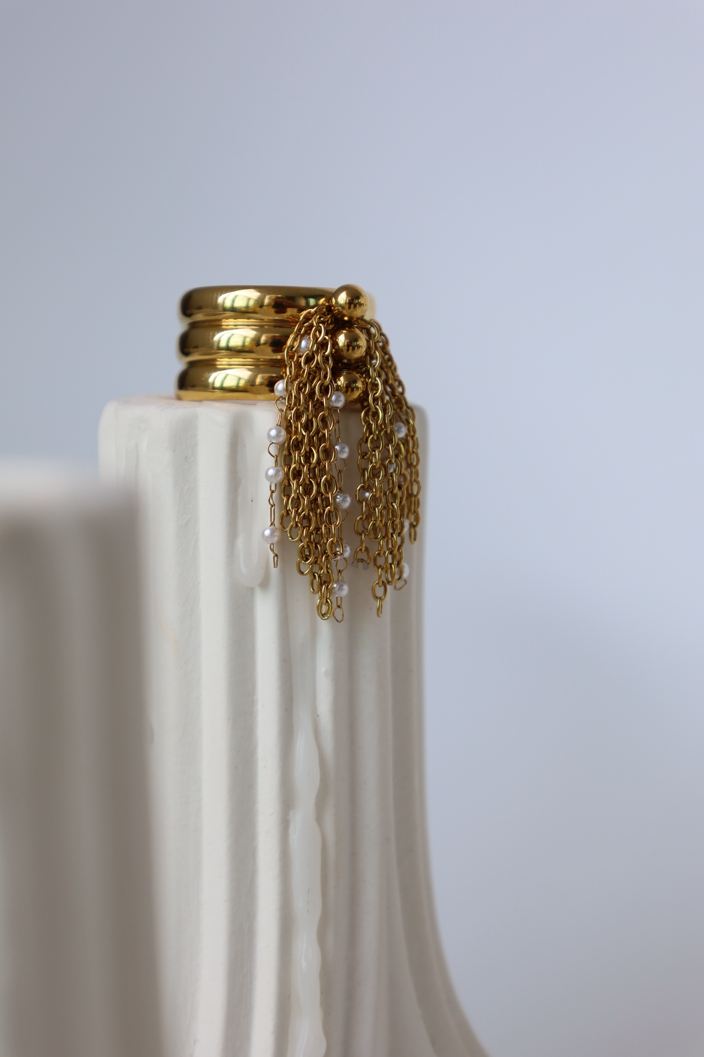 Triple Band Tassel Chain Ring with Pearl Accents