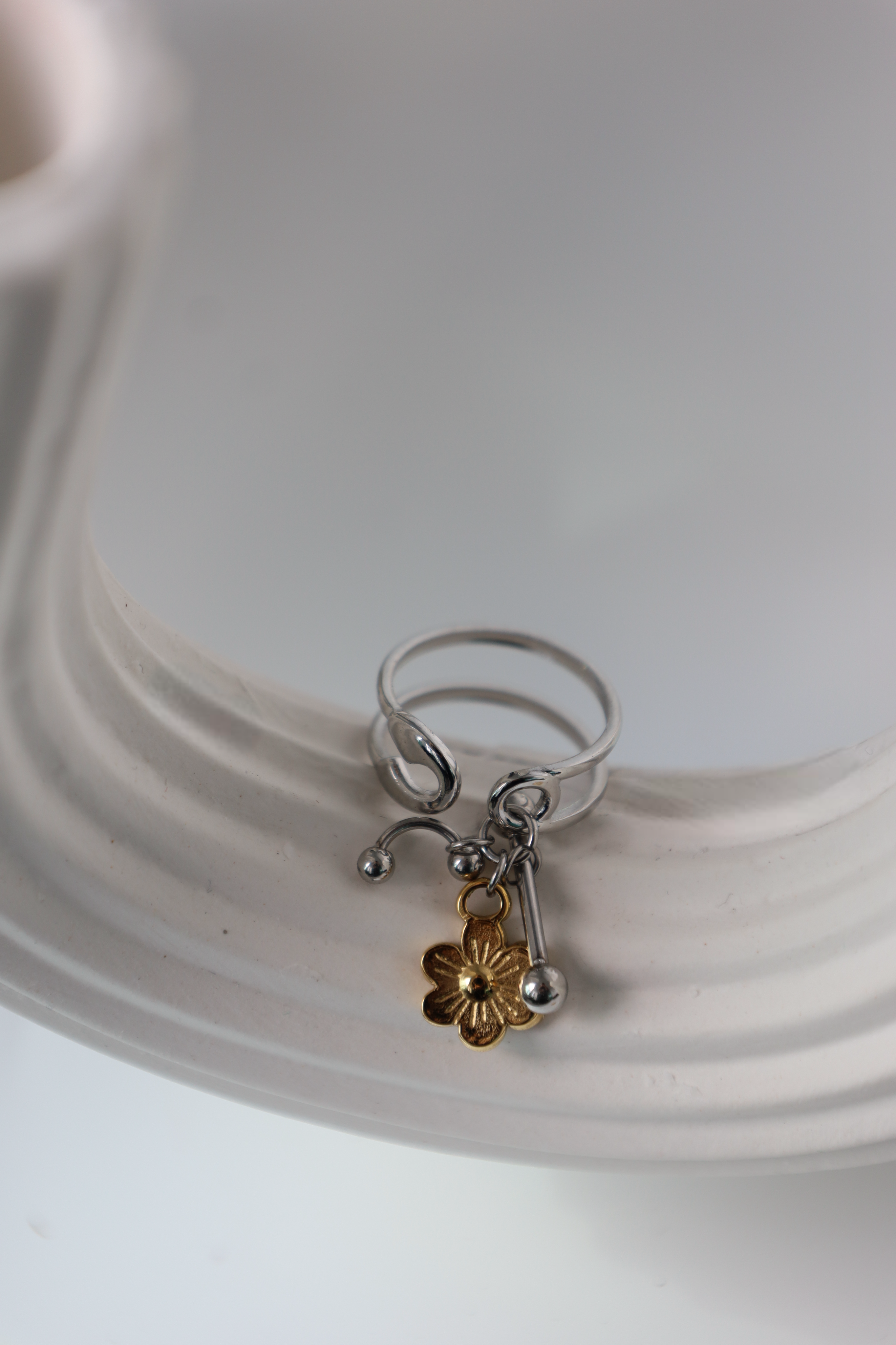 Flower Charm Open Ring ,Two Tone