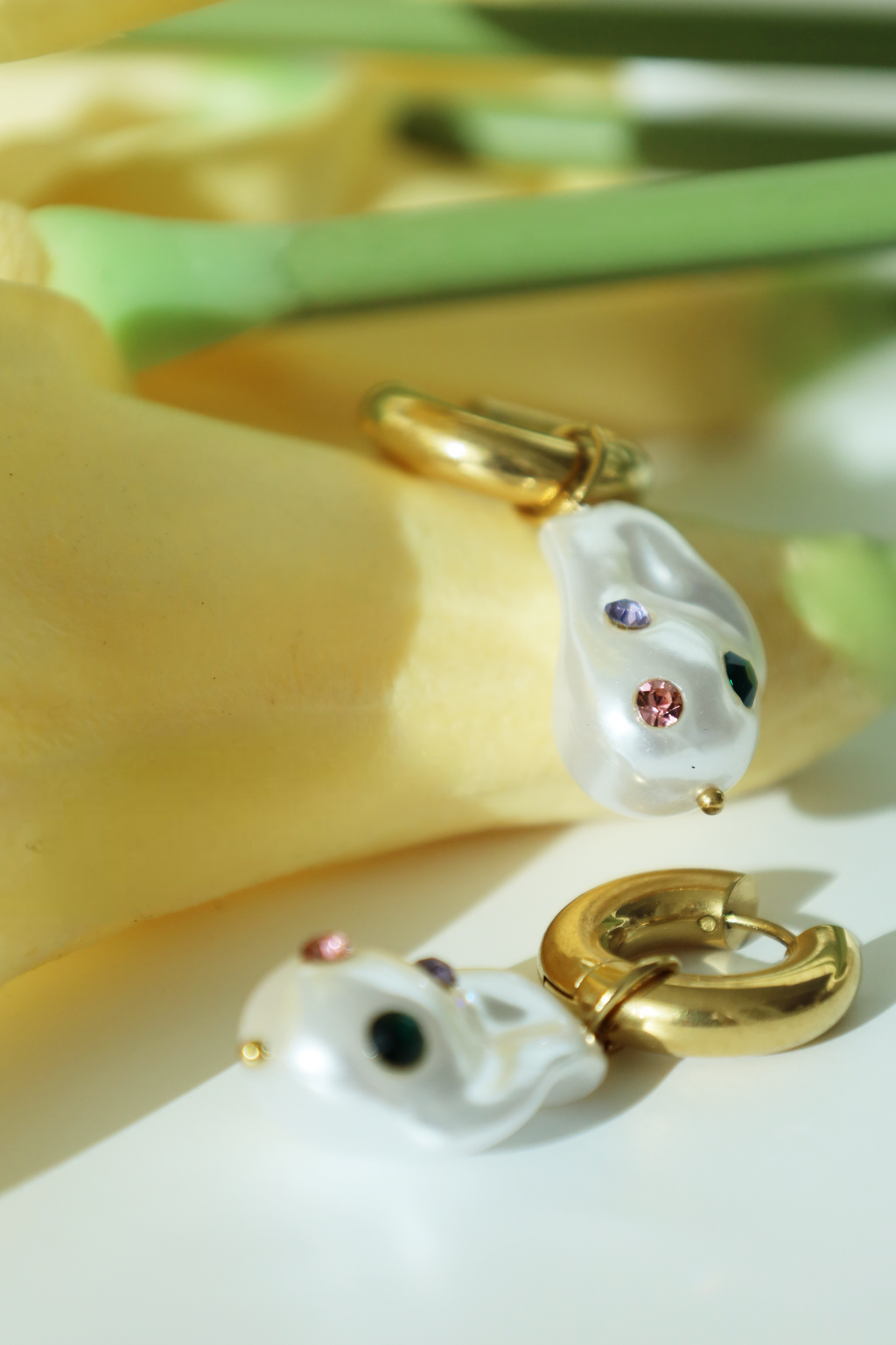 Abstract Pearl Drop Hoop Earrings