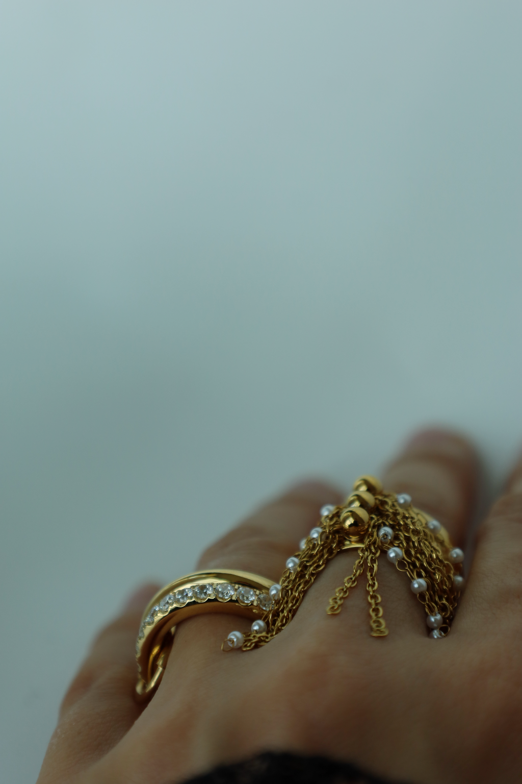 Triple Band Tassel Chain Ring with Pearl Accents