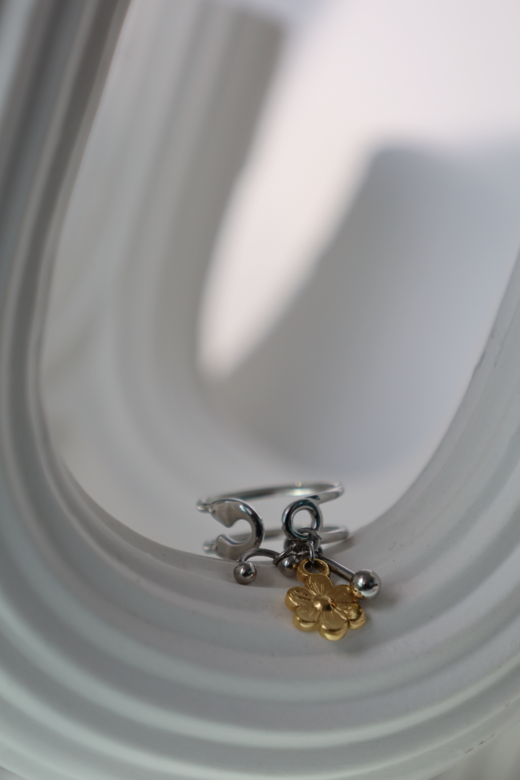 Flower Charm Open Ring ,Two Tone