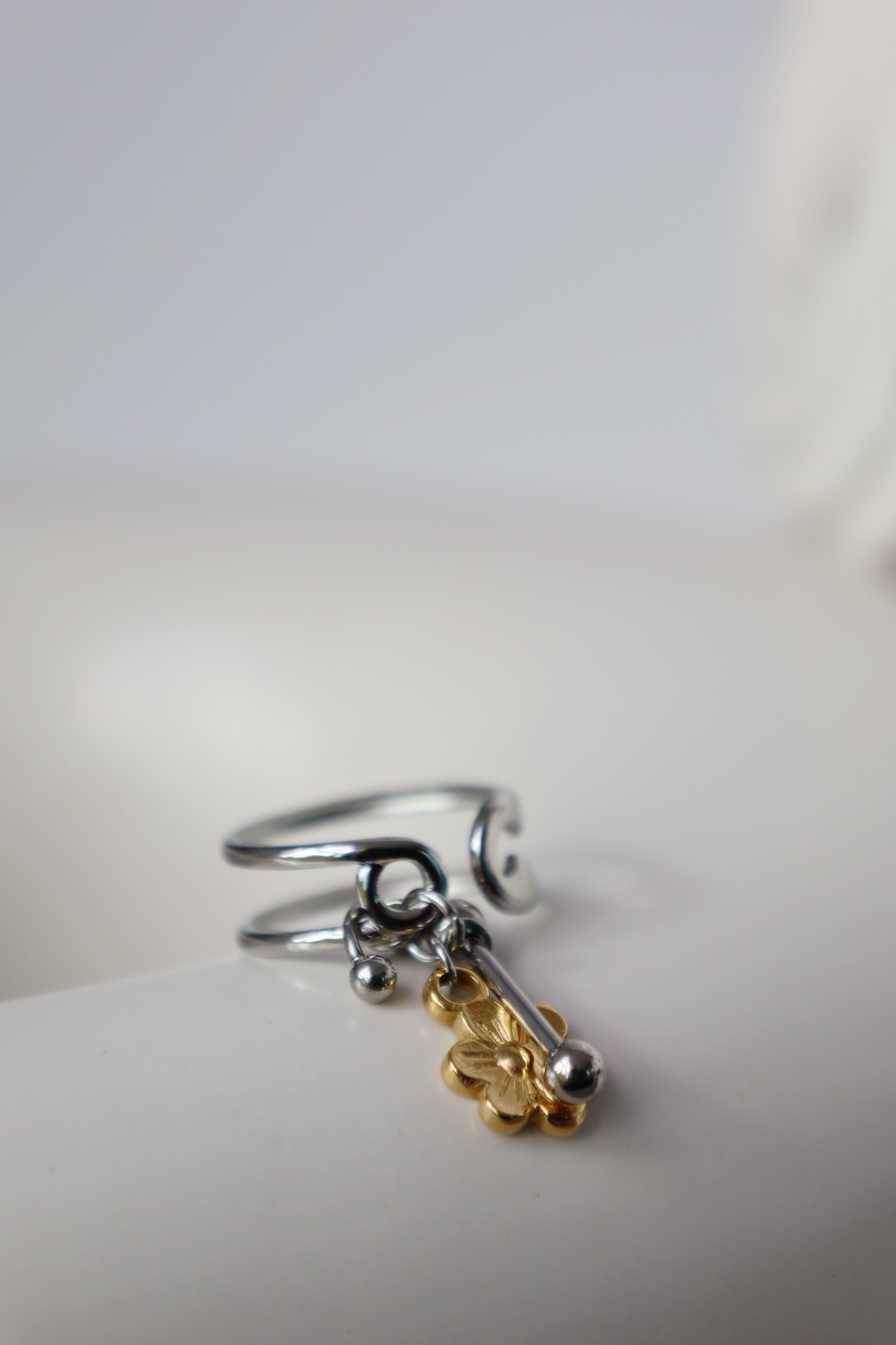 Flower Charm Open Ring ,Two Tone