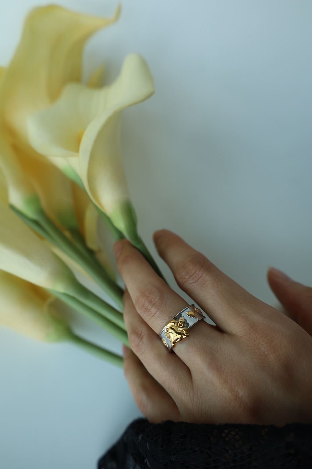 Multi Heart Charm Open Ring, Two Tone