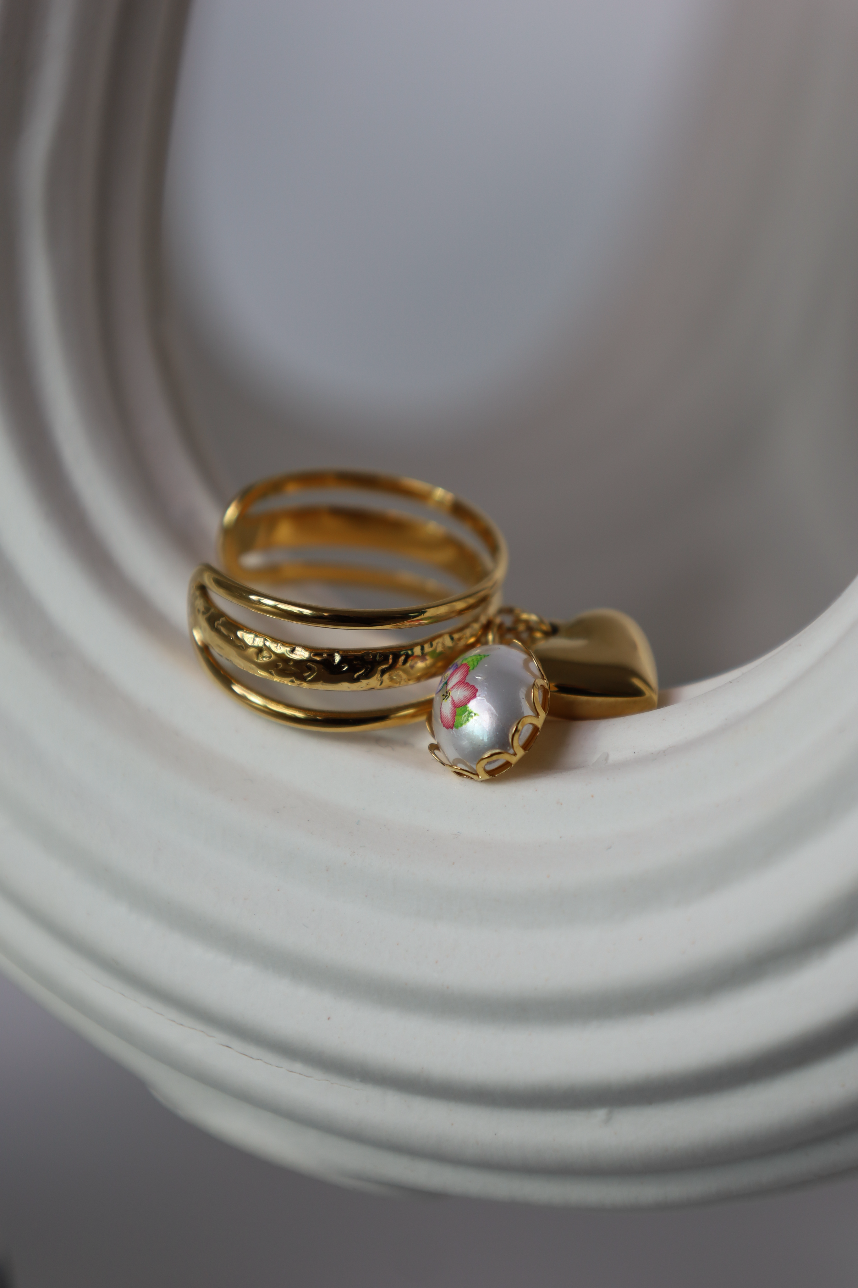 Heart & Pearl Charm Open Ring