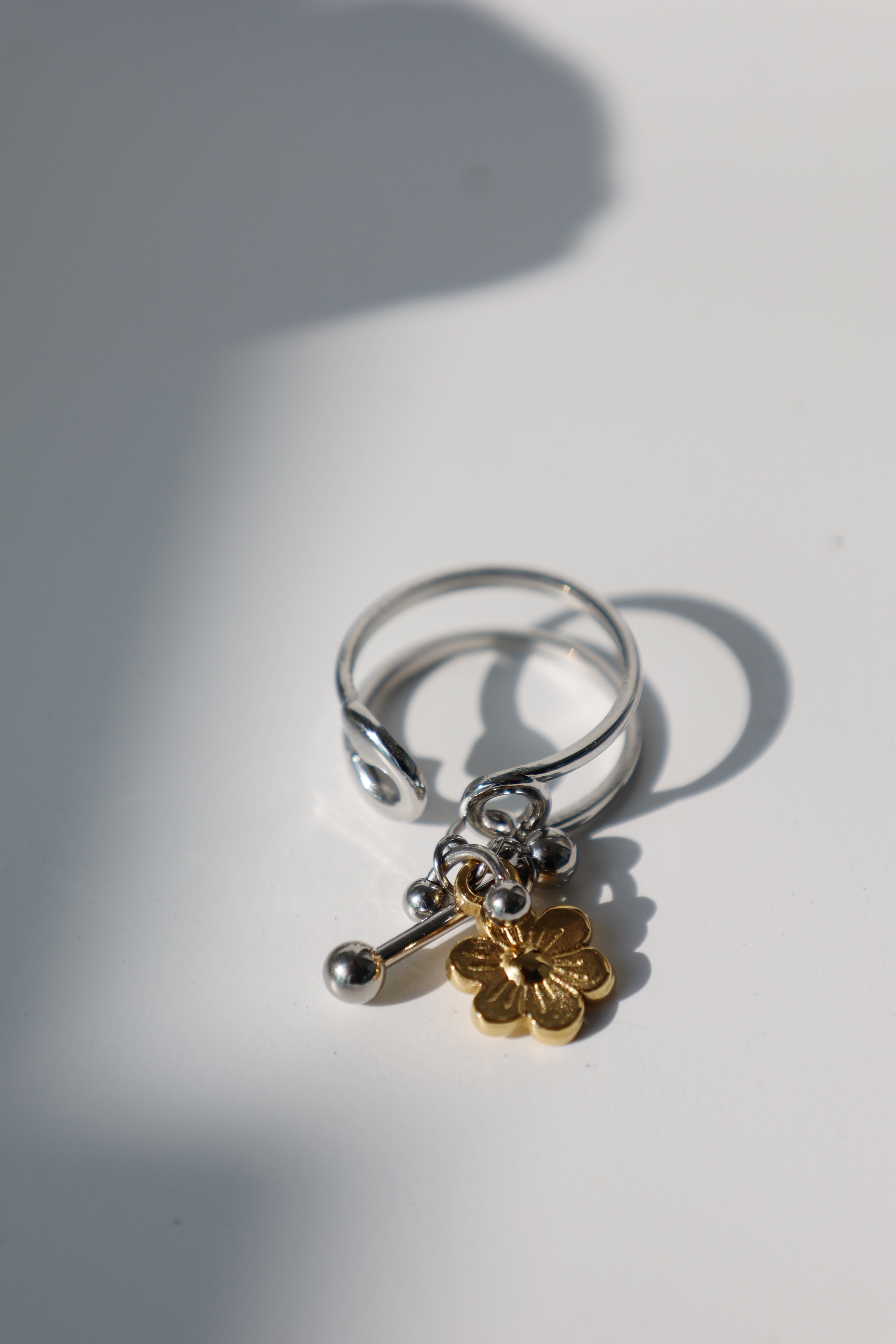 Flower Charm Open Ring ,Two Tone
