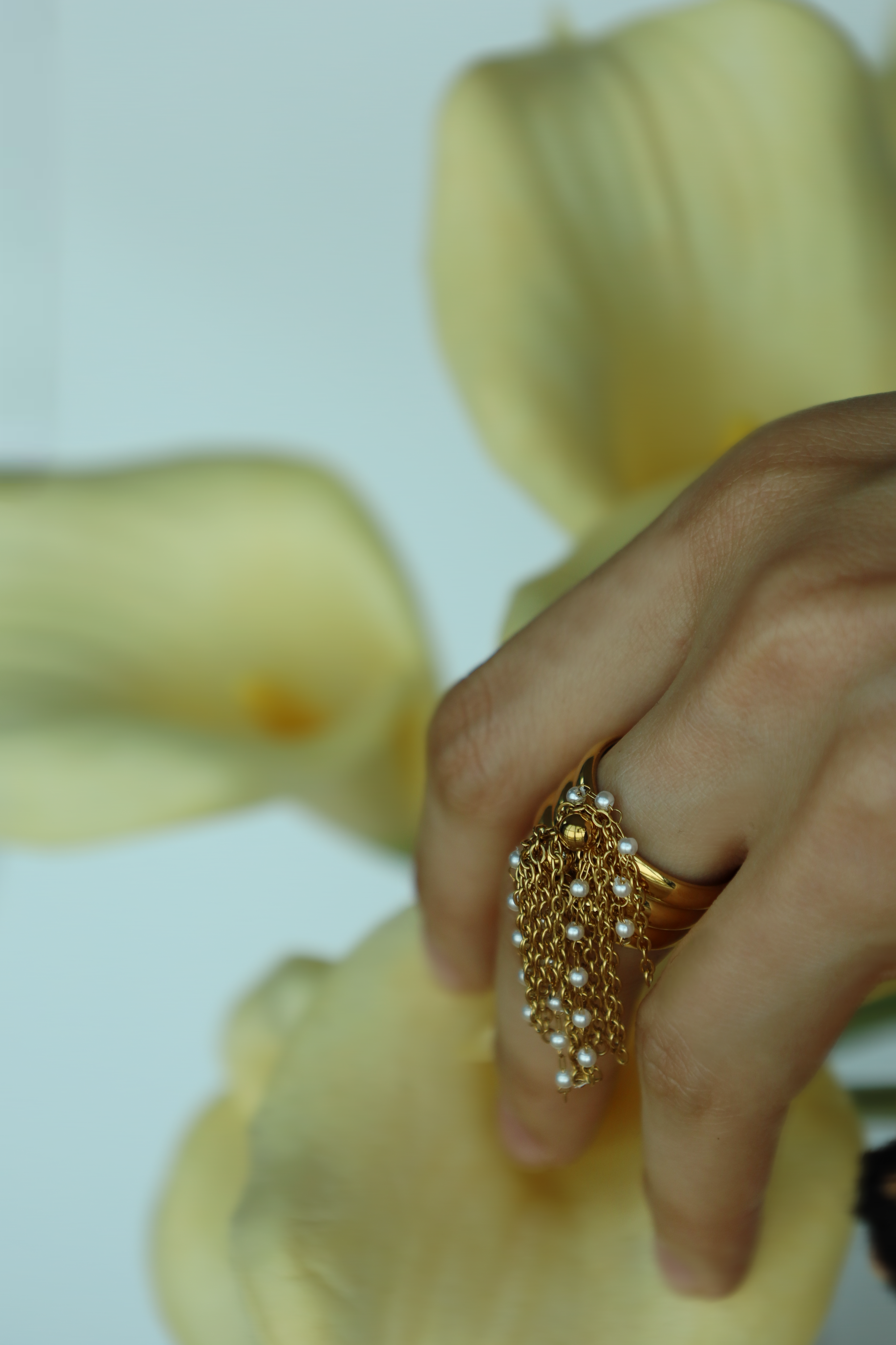 Triple Band Tassel Chain Ring with Pearl Accents