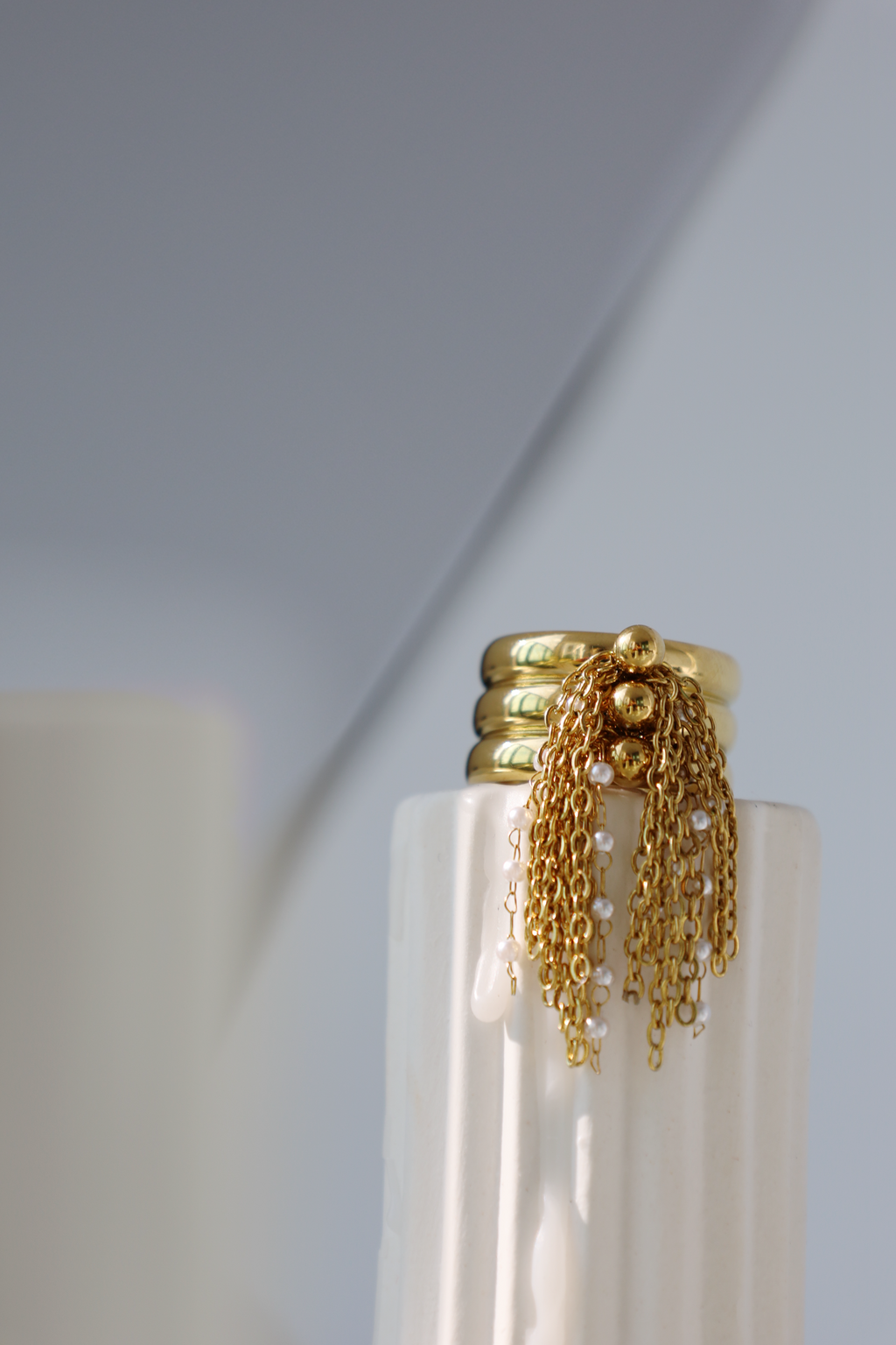 Triple Band Tassel Chain Ring with Pearl Accents