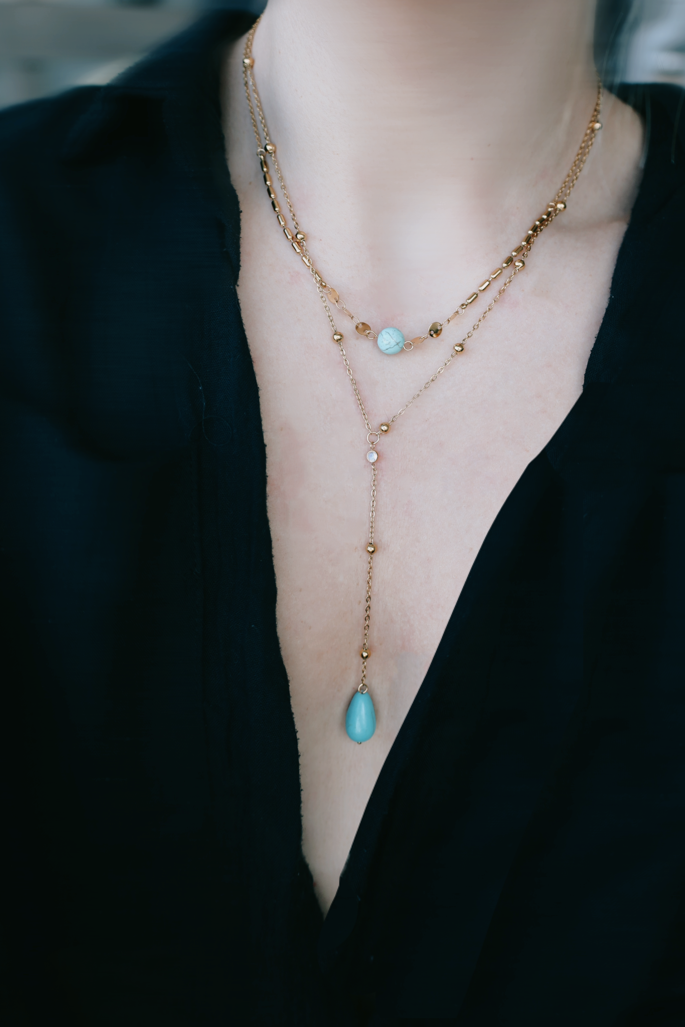 Double Layer Y Necklace with Turquoise