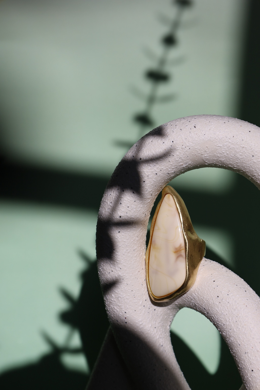 Rectangular Statement Ring With Beige Marble Stone, Adjustable