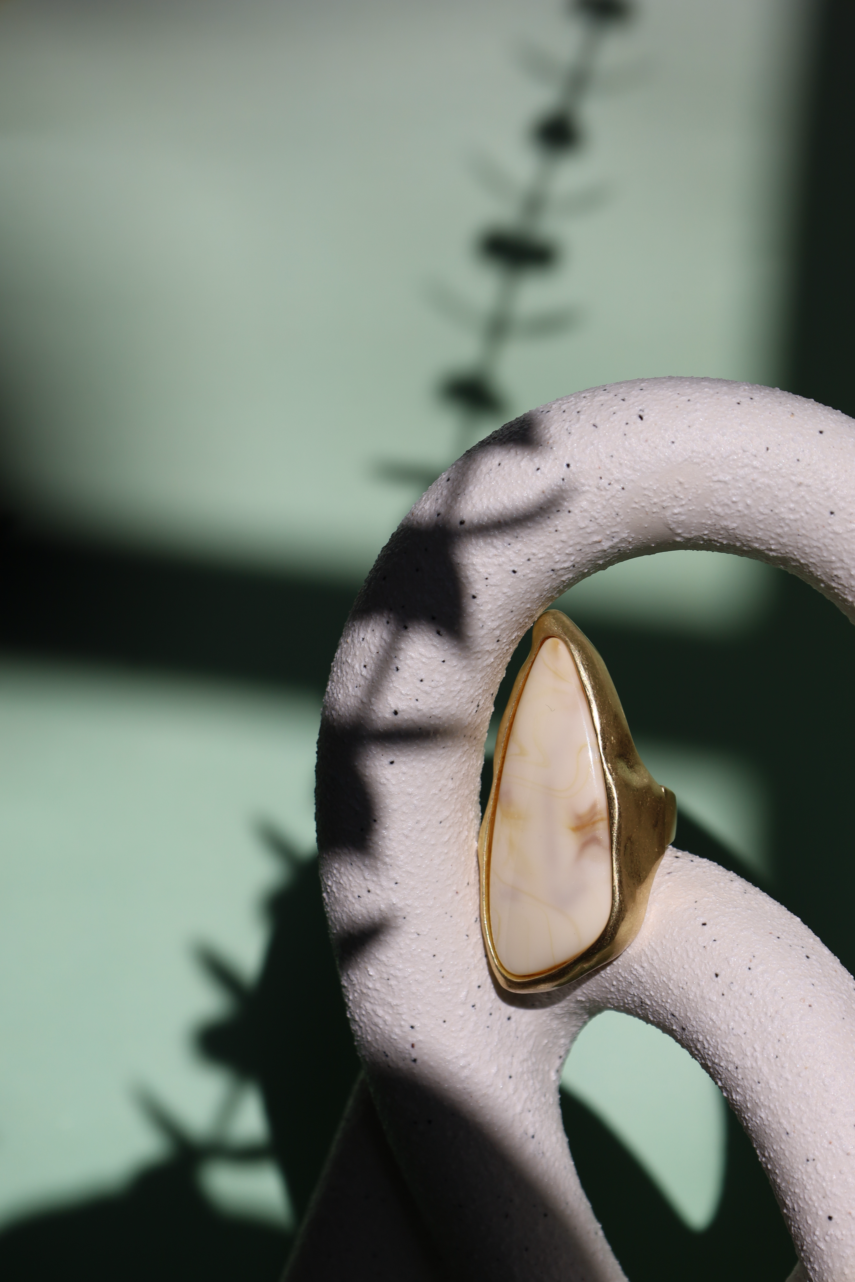 Rectangular Statement Ring With Beige Marble Stone, Adjustable