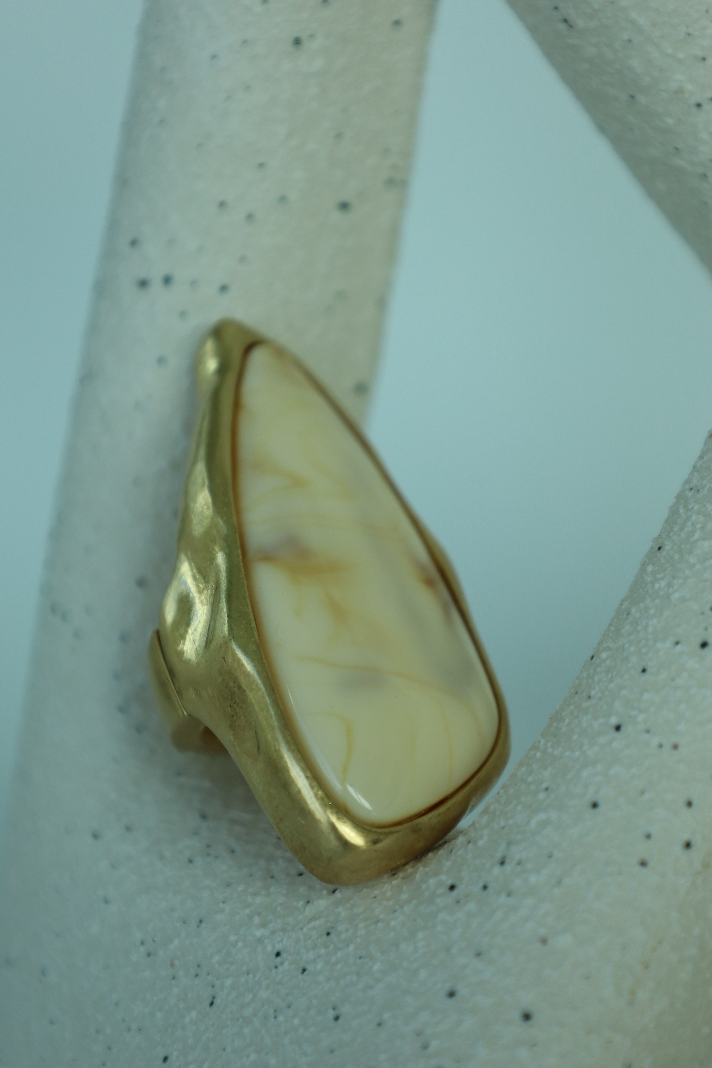Rectangular Statement Ring With Beige Marble Stone, Adjustable