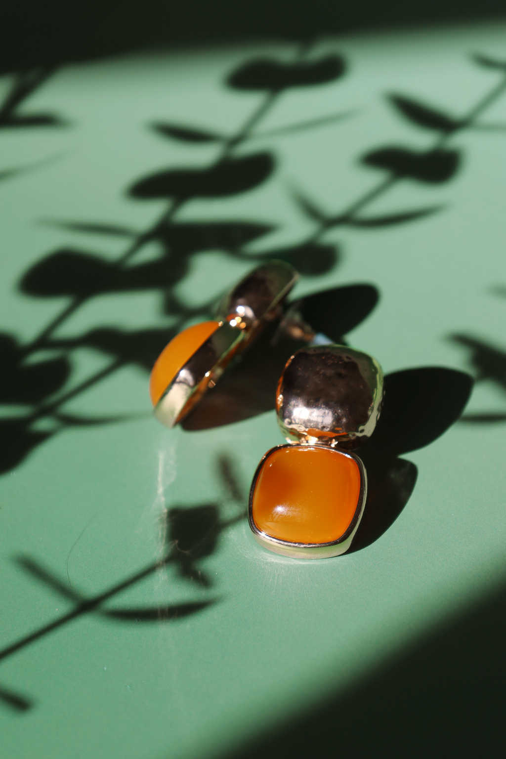 Gold Drop Stud Earrings With Orange Stone