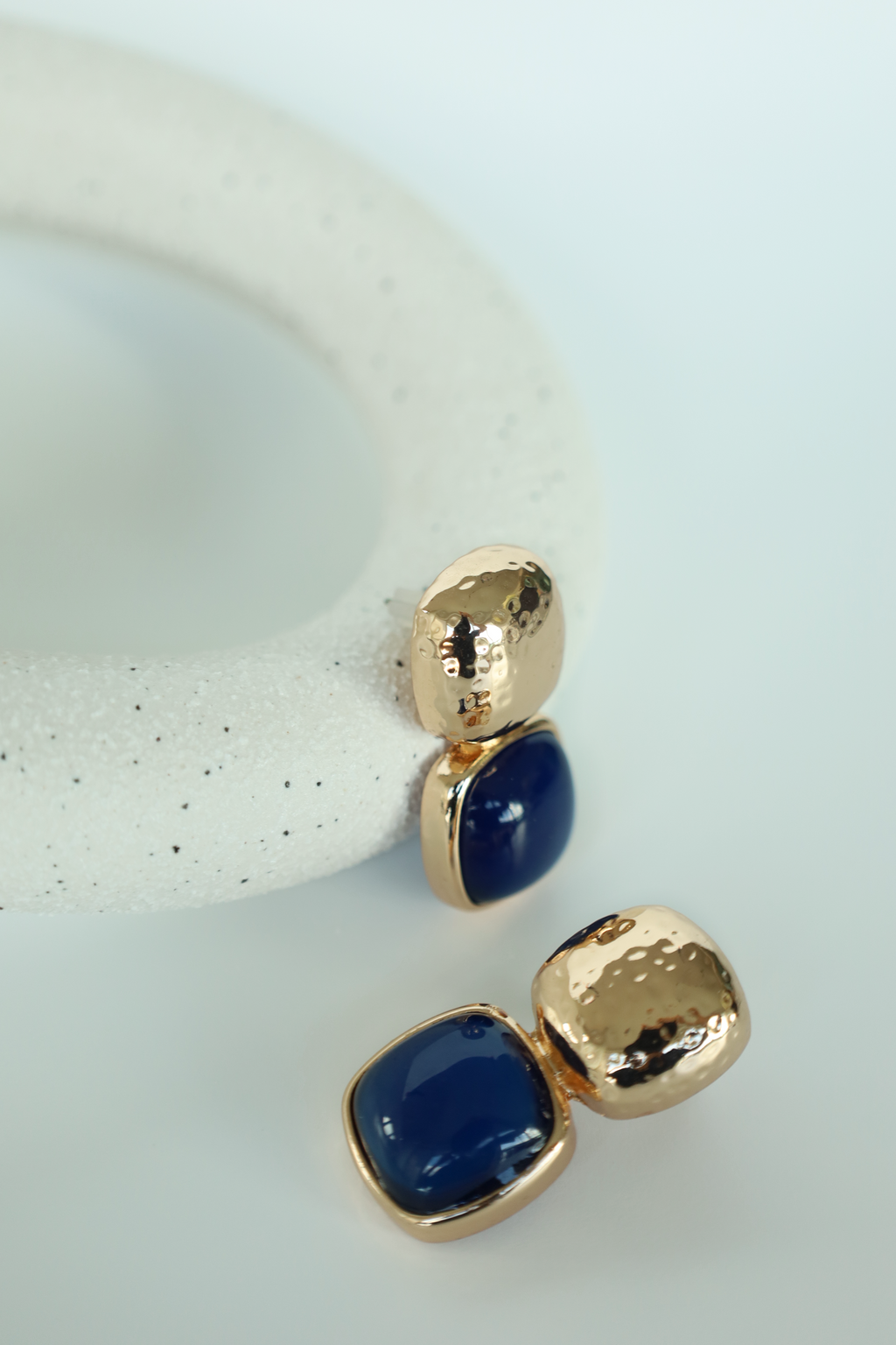 Gold Drop Stud Earrings With Navy Stone