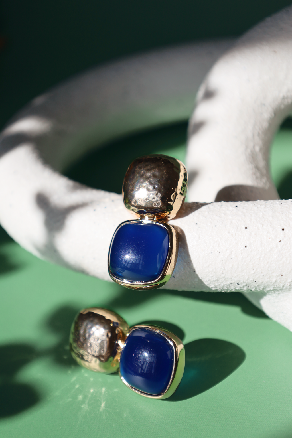 Gold Drop Stud Earrings With Navy Stone