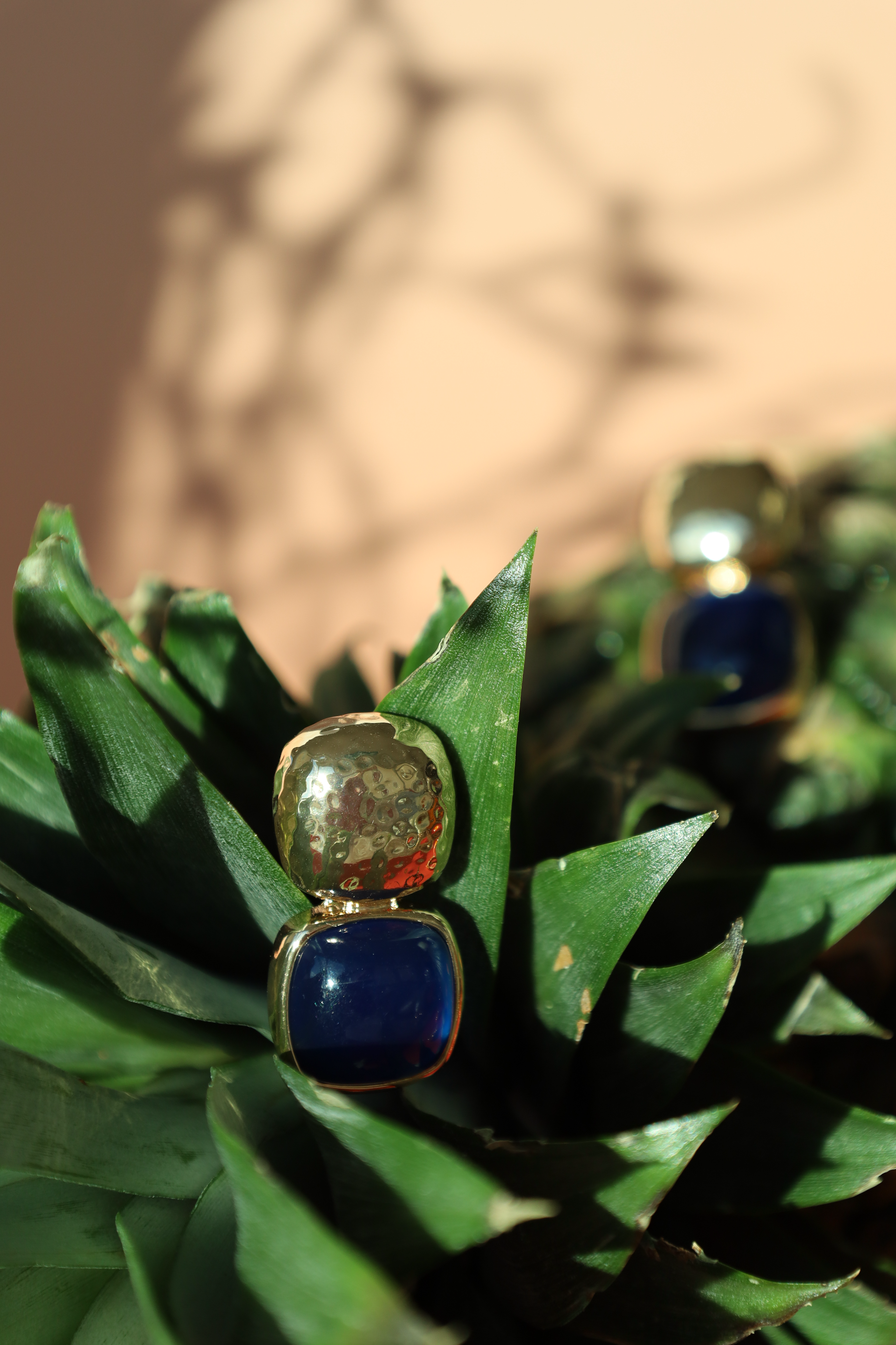 Gold Drop Stud Earrings With Navy Stone