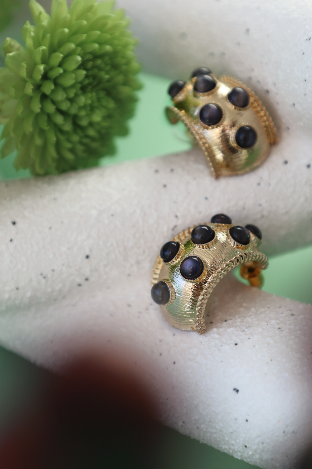 Minimal Gold hoop Earring With Black Stone Accents