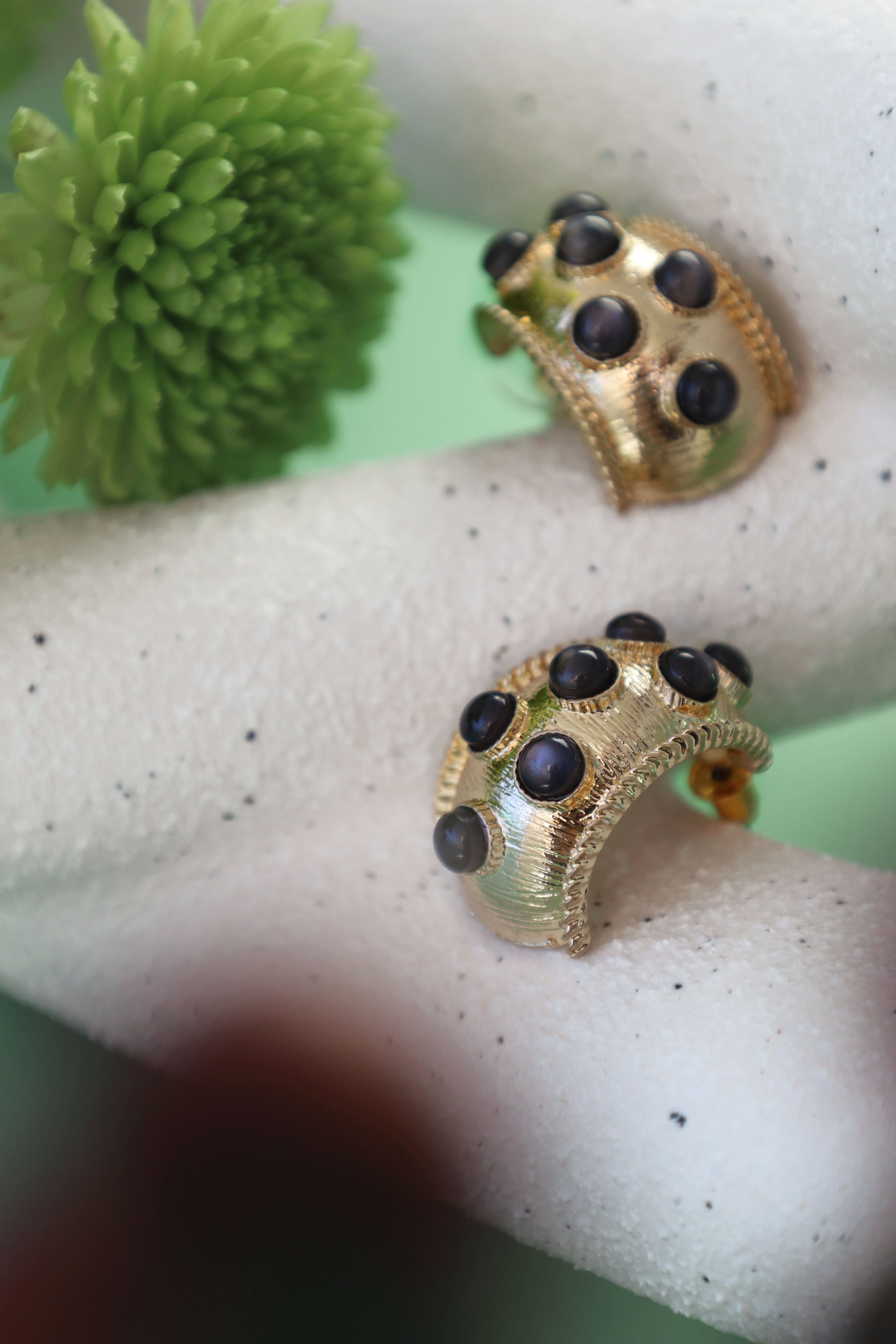 Minimal Gold hoop Earring With Black Stone Accents