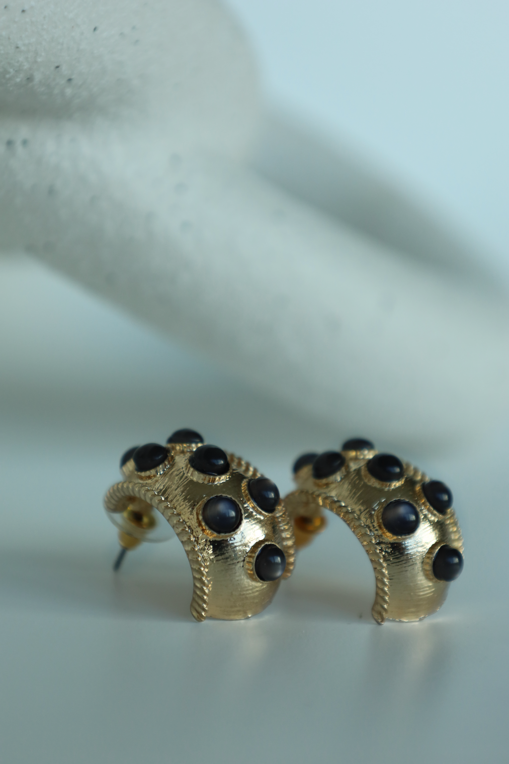 Minimal Gold hoop Earring With Black Stone Accents