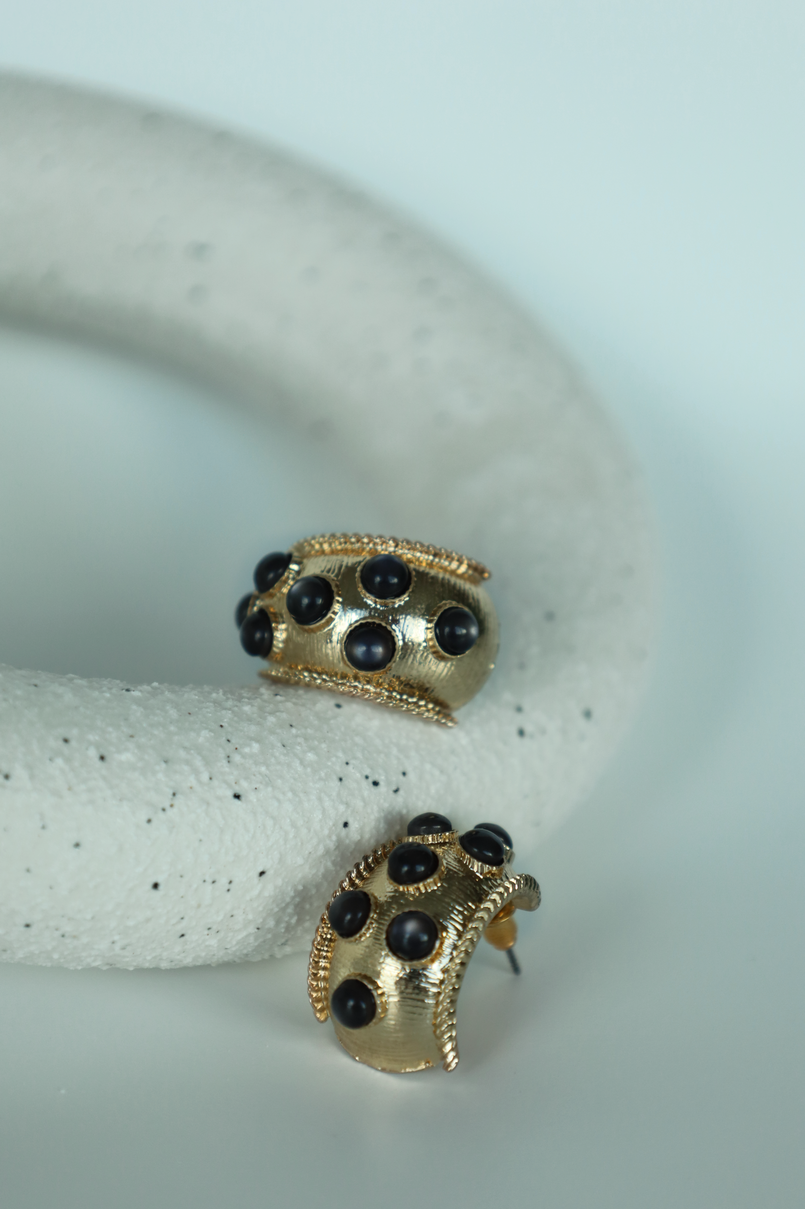 Minimal Gold hoop Earring With Black Stone Accents