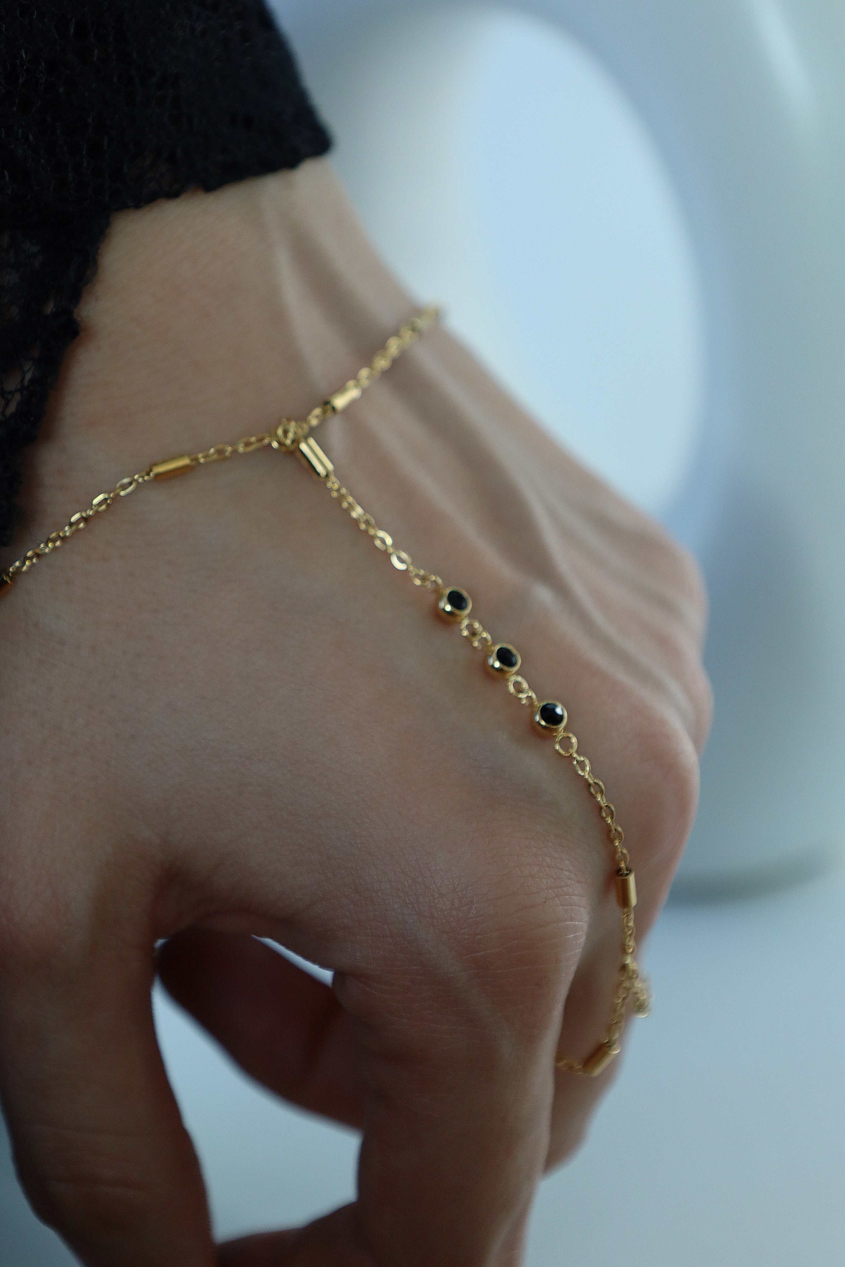 Minimal Black Bead Hand Chain Bracelet