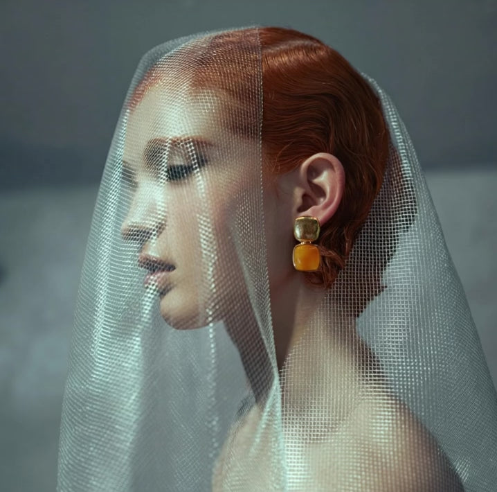 Gold Drop Stud Earrings With Orange Stone