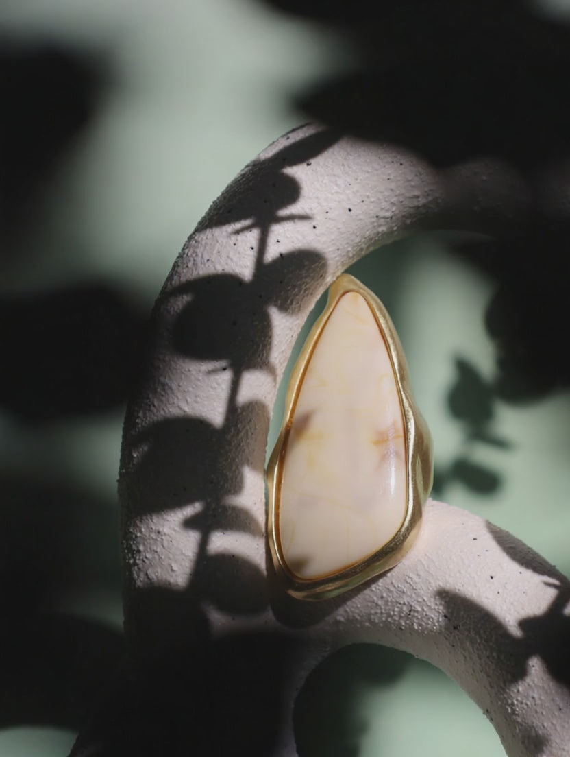 Rectangular Statement Ring With Beige Marble Stone, Adjustable