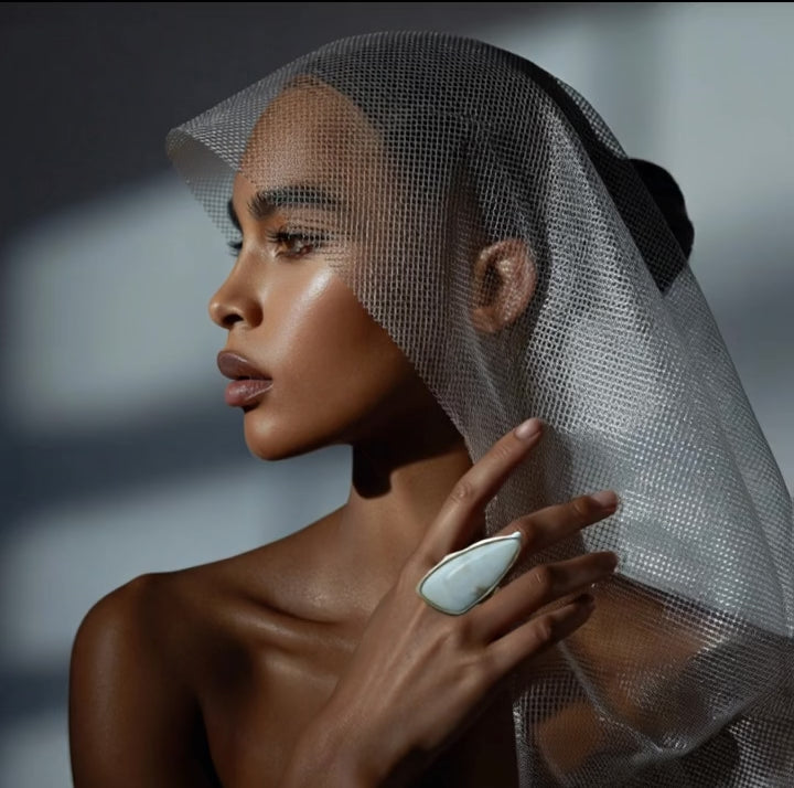 Rectangular Statement Ring With Beige Marble Stone, Adjustable