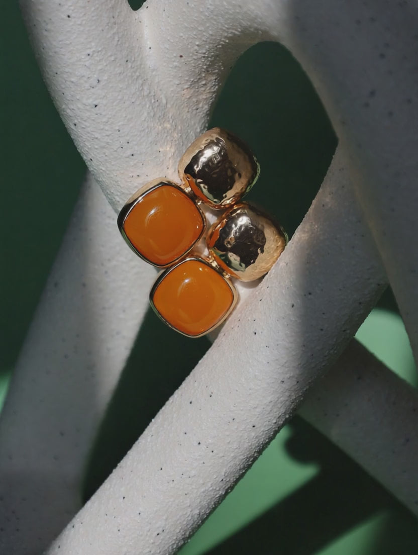 Gold Drop Stud Earrings With Orange Stone